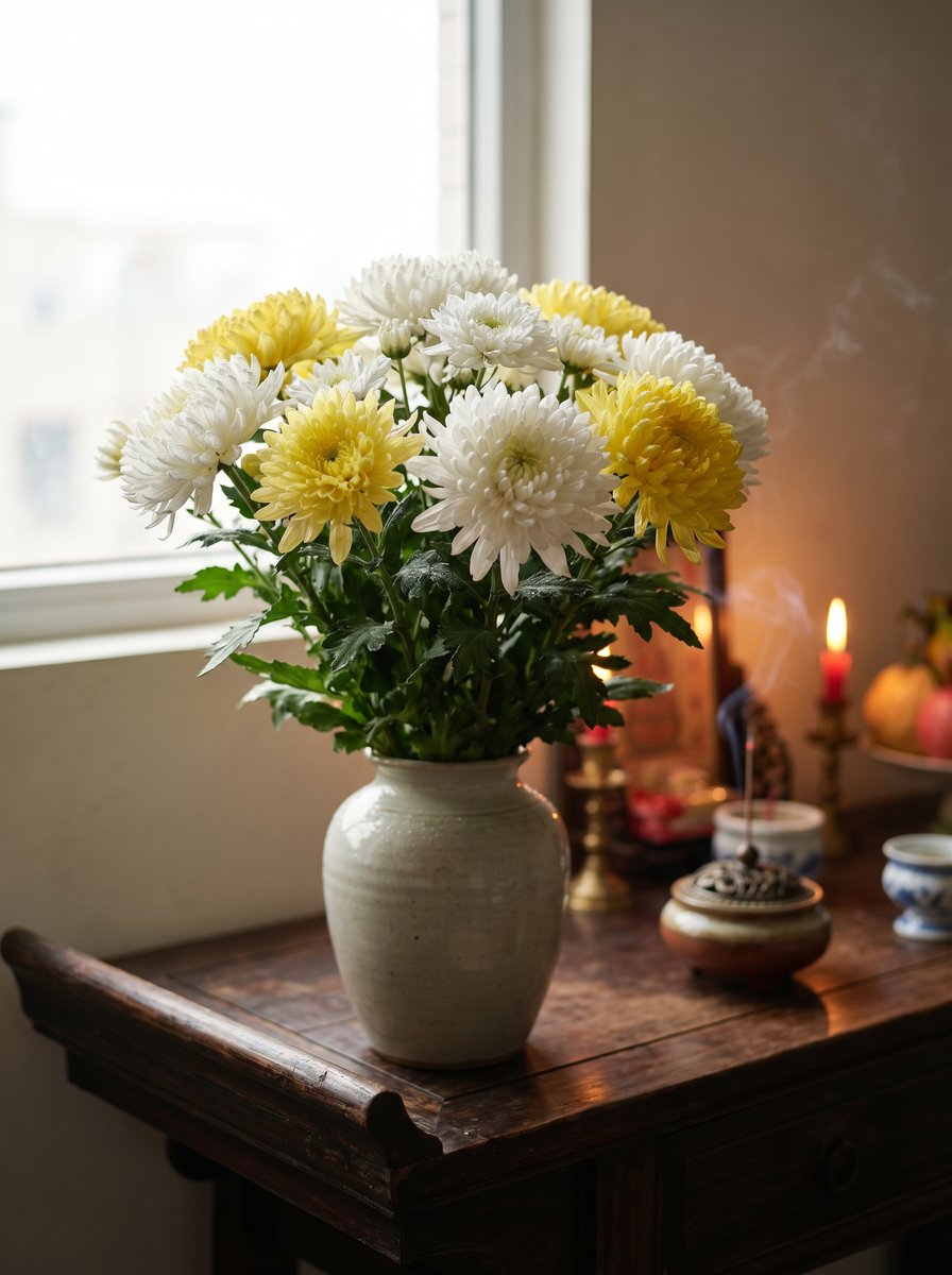 White chrysanthemums — flowers of remembrance